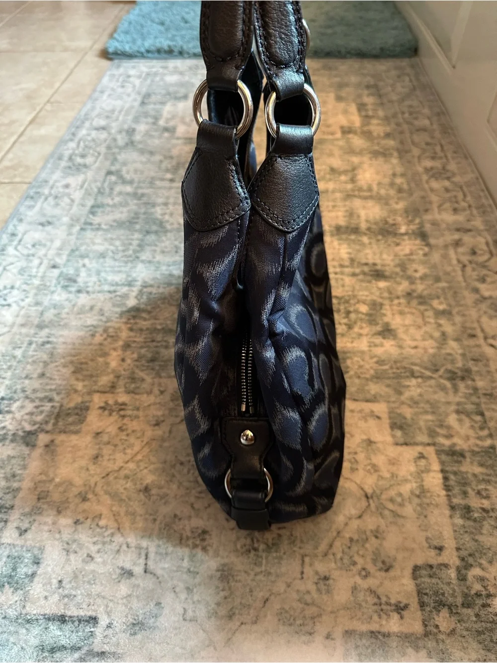 Coach Navy Signature Jacquard Shoulder Bag with Leather Straps